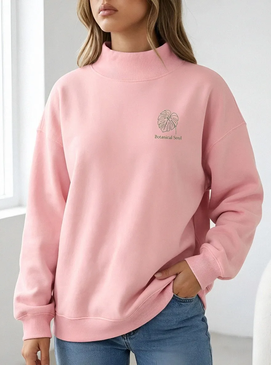 Women's Botanical Soul Monstera Leaf Printed Mock Neck Sweatshirt