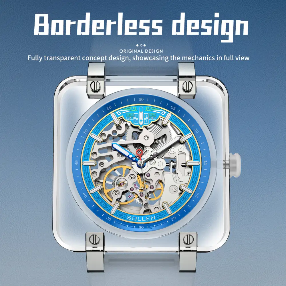 Sollen SL325 Men's Square Skeleton Automatic Mechanical Watch - 42mm Transparent K9 Crystal Case Open Heart Luminous Dial Liquid Silicone Strap Wristwatch