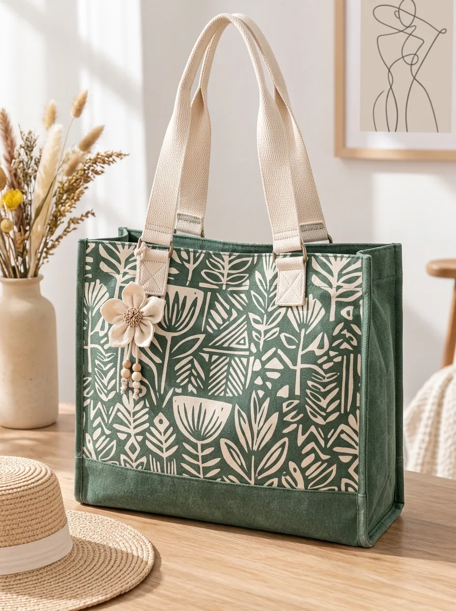 Women's Botanical Floral Rectangular Profile Printed Canvas Shoulder Tote Bag