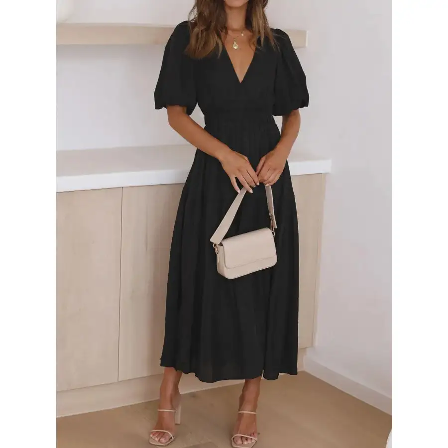 Neck V-Neck Puff Sleeve Midi Dress
