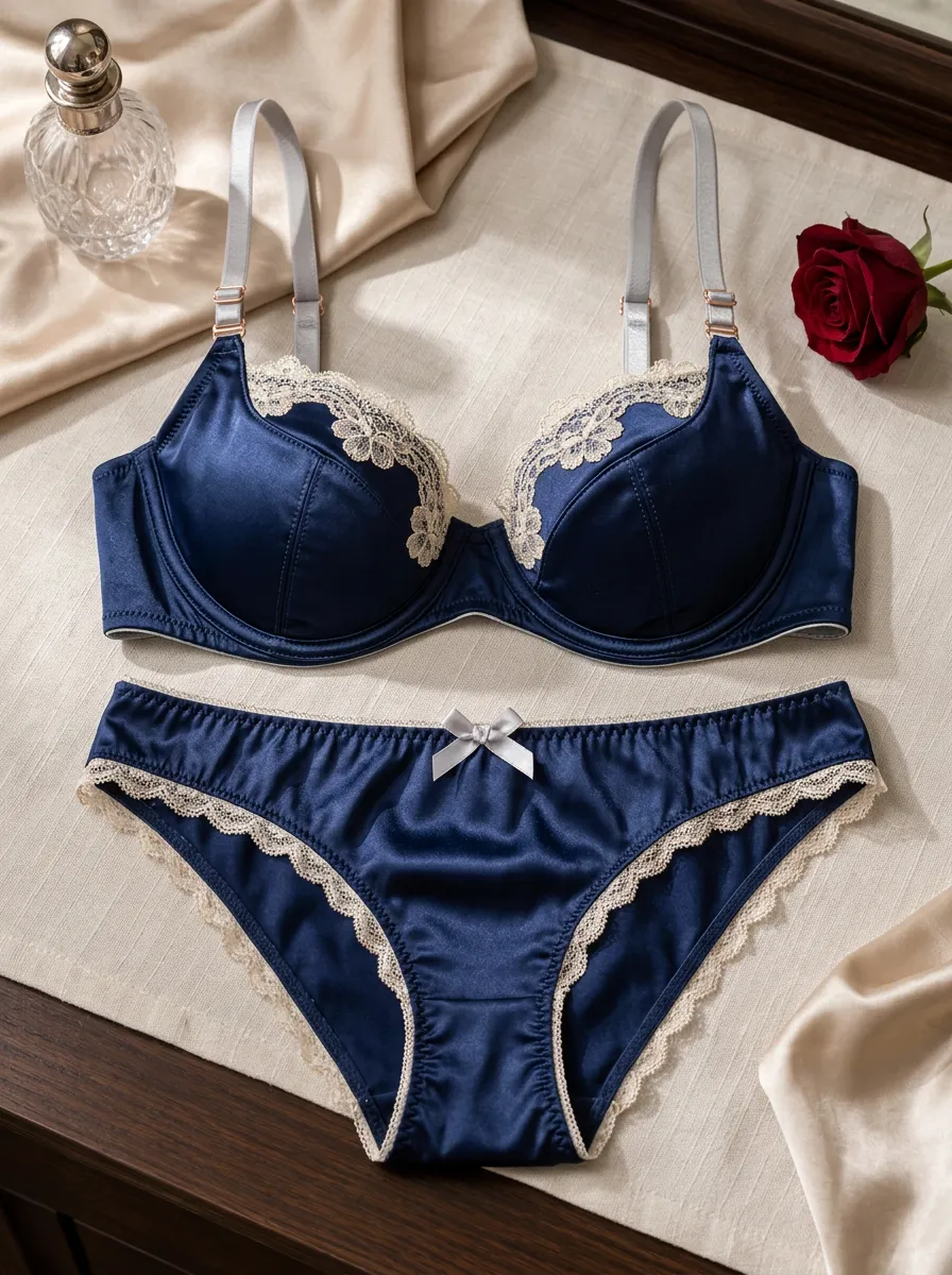 Women's Satin Lace Trimmed Satin Scalloped Lingerie Set