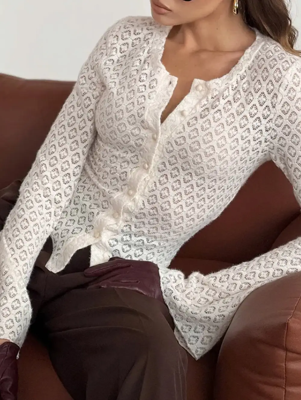 Crew Neck Lace Knit Cardigan Flare Sleeve Top