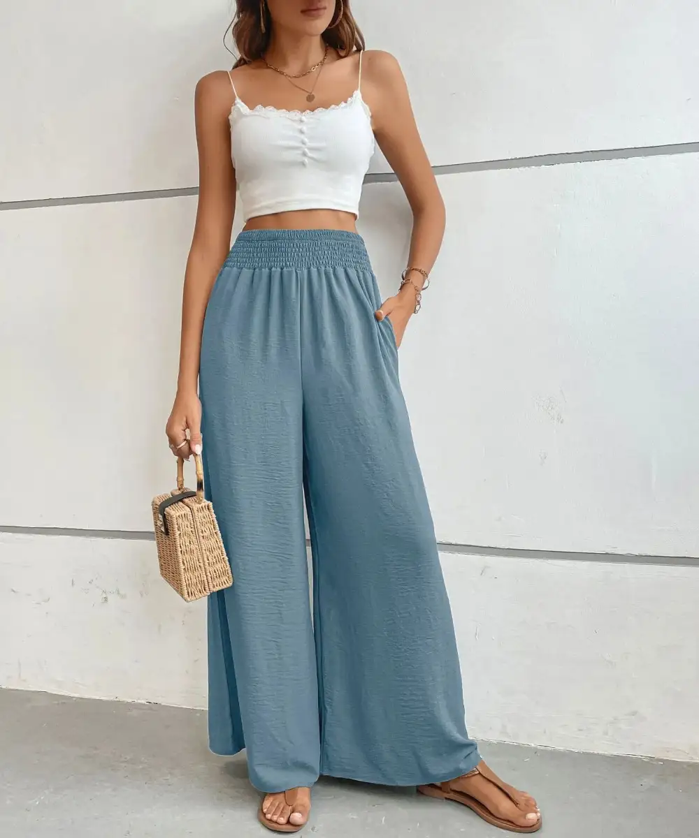 Wide Leg High Waist Cropped Smocked Waist Pants