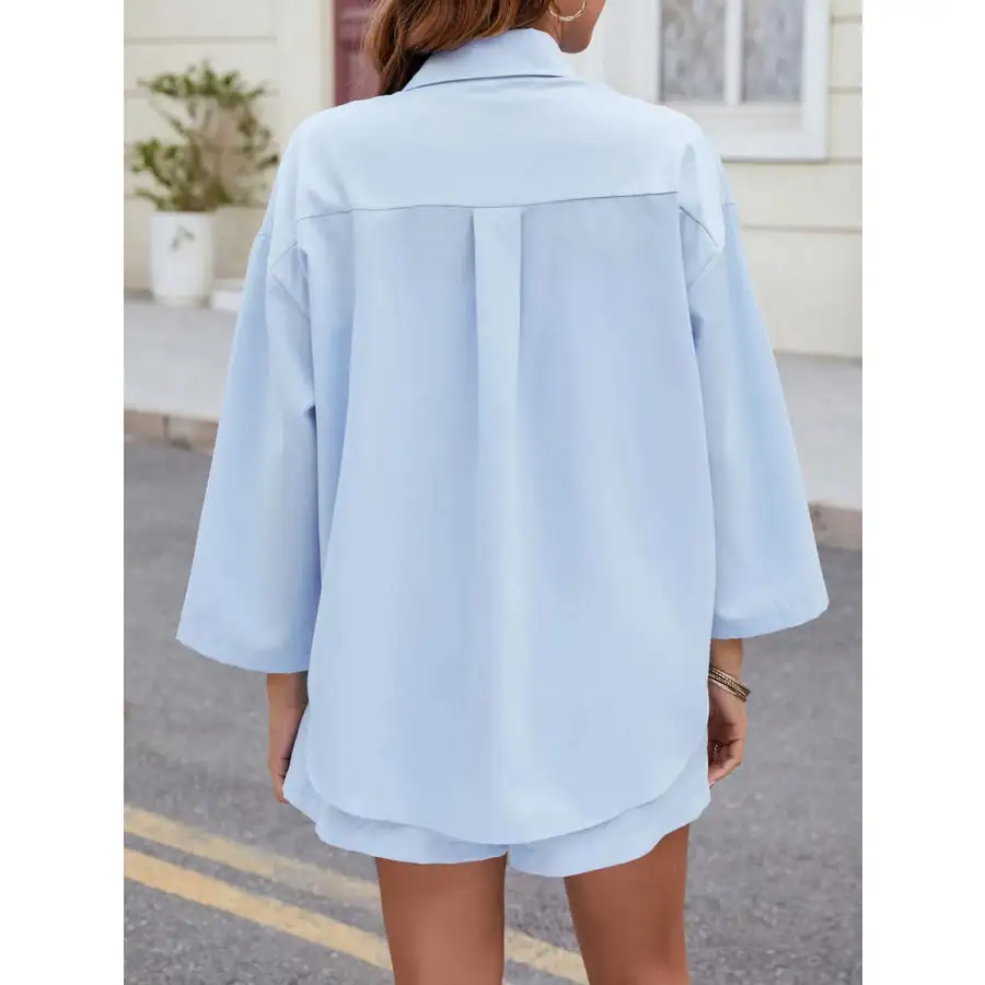 Relaxed Button Up Long Sleeve Top and Shorts Set