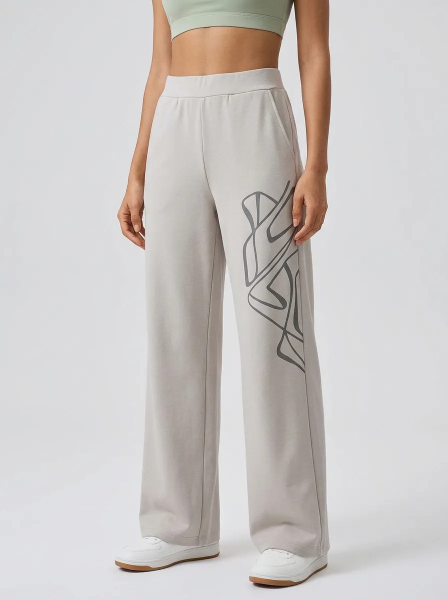 Women's Taupe Graphic Print Wide-Leg Sweatpants