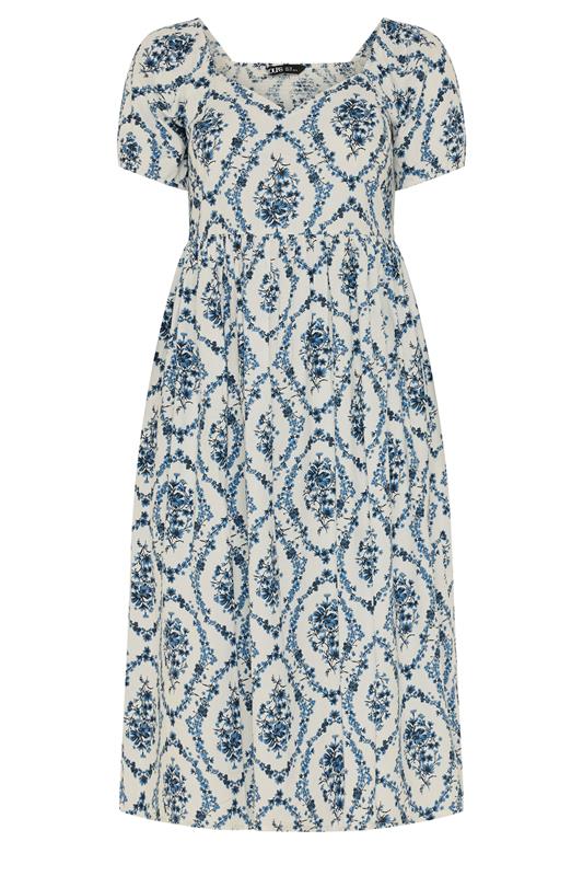 White & Blue Floral Linen Midaxi Dress detail 4