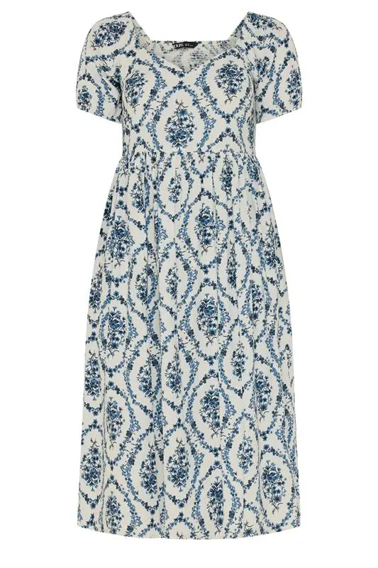 White & Blue Floral Linen Midaxi Dress
