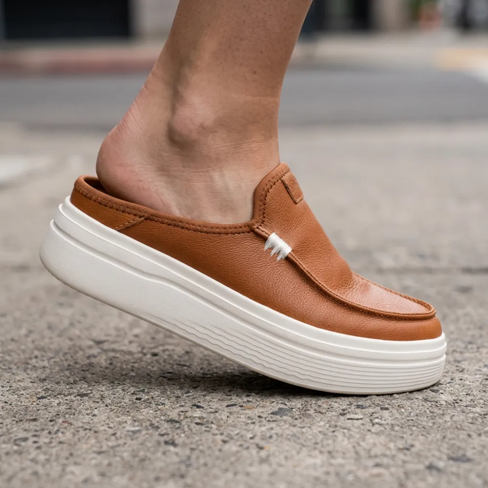 Platform Leather Slip On Mule Shoes For Women