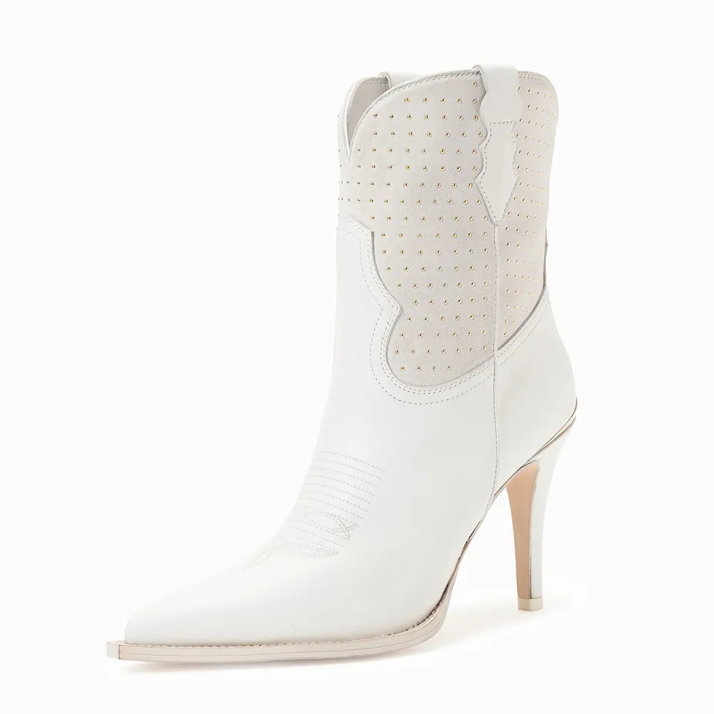 Faux-Suede Faux-Leather Studded Patchwork Western Boots