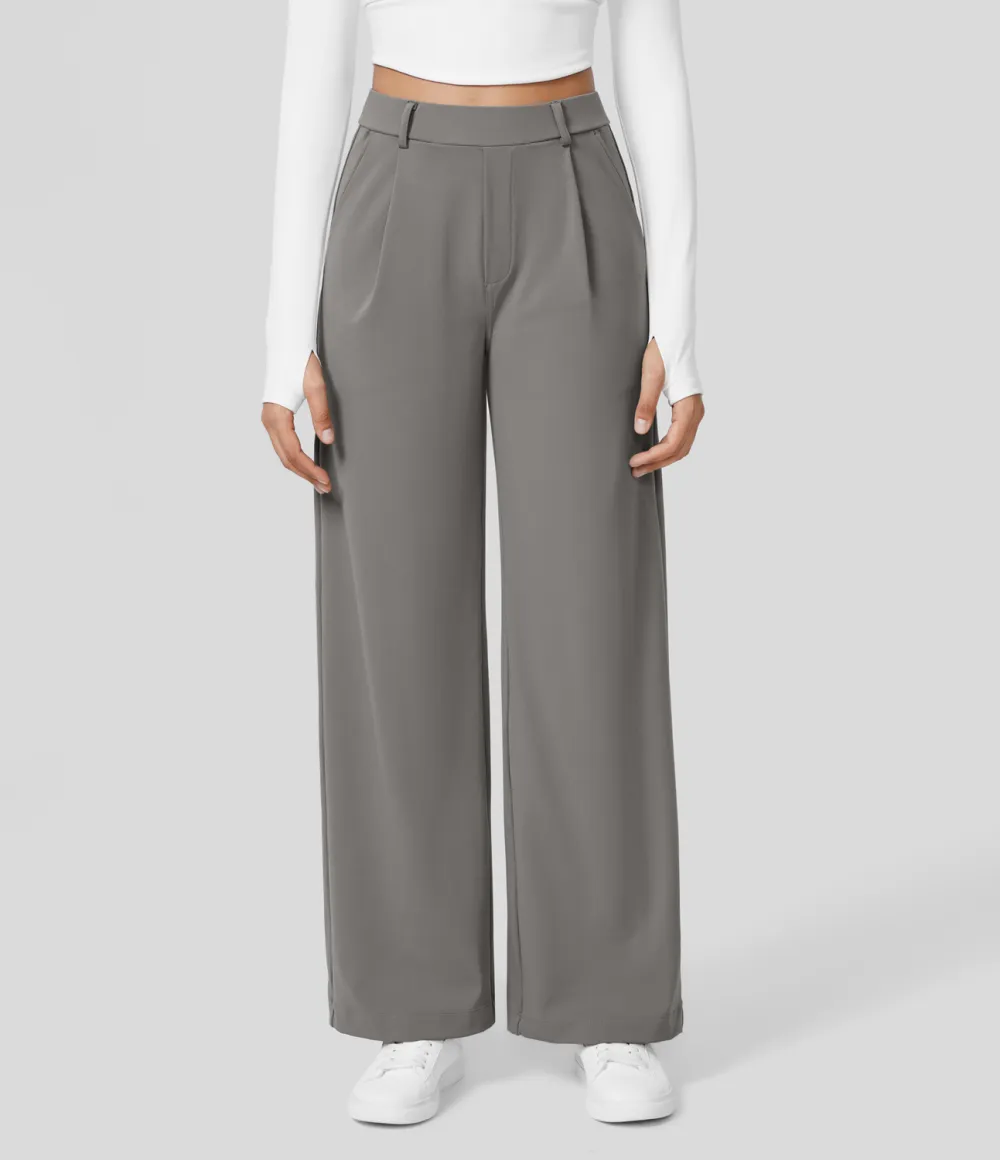 2026🔥  High Waisted Plicated Side Pocket Straight Leg Work Pants