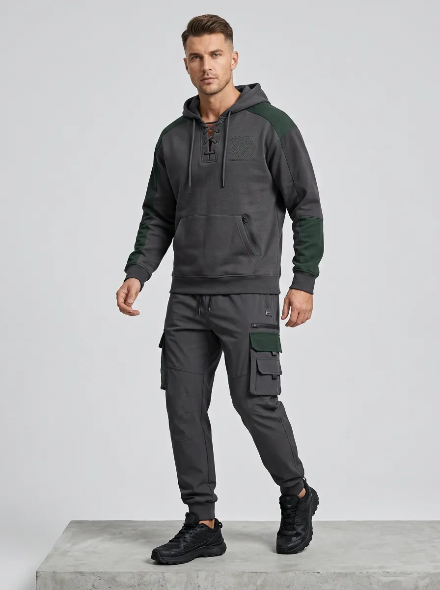 Trail-Inspired Lace-Up Graphic Print Casual Look Men's Lace Up Hoodie And Cargo Jogger Set