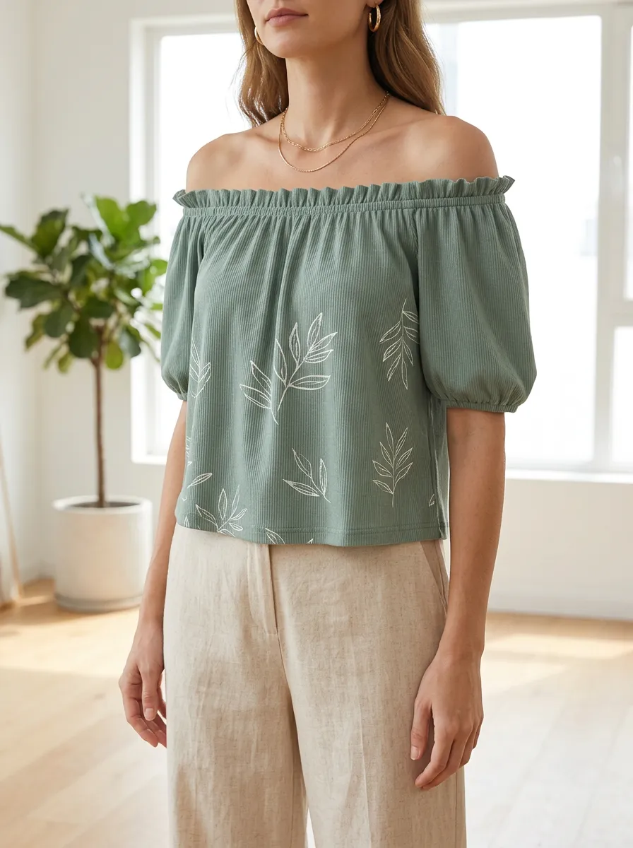 Women's Softline Botanical Leaf Pattern Printed Off-Shoulder Top