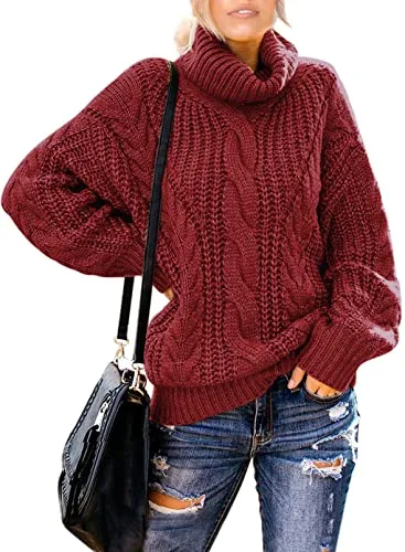 Womens Turtle Cowl Neck Solid Color Soft Comfy Cable Knit Pullover Sweaters S-2XL