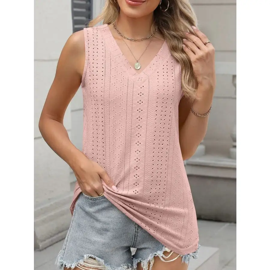 V Neck Eyelet Knit Camisole Tank Top