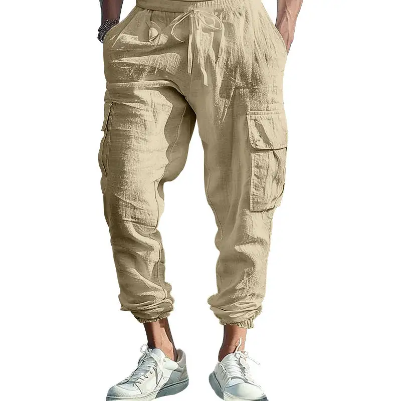Men's Casual Linen Cargo Waist Pockets Cargo Pants