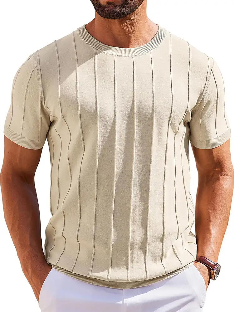 Casual Short Sleeve Shirt Ribbed Knit Pullover Tee
