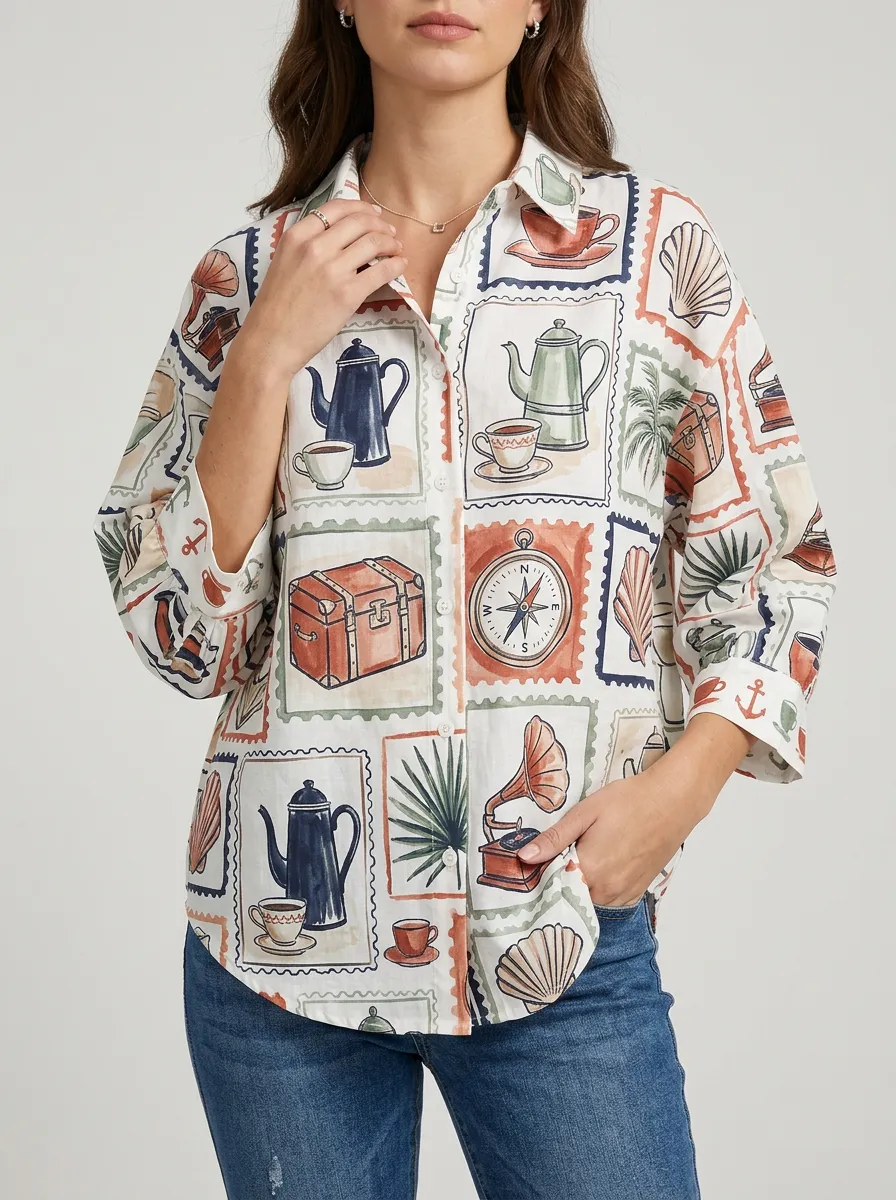 Women's Vintage Travel Stamp Pattern Printed Button-up Shirt