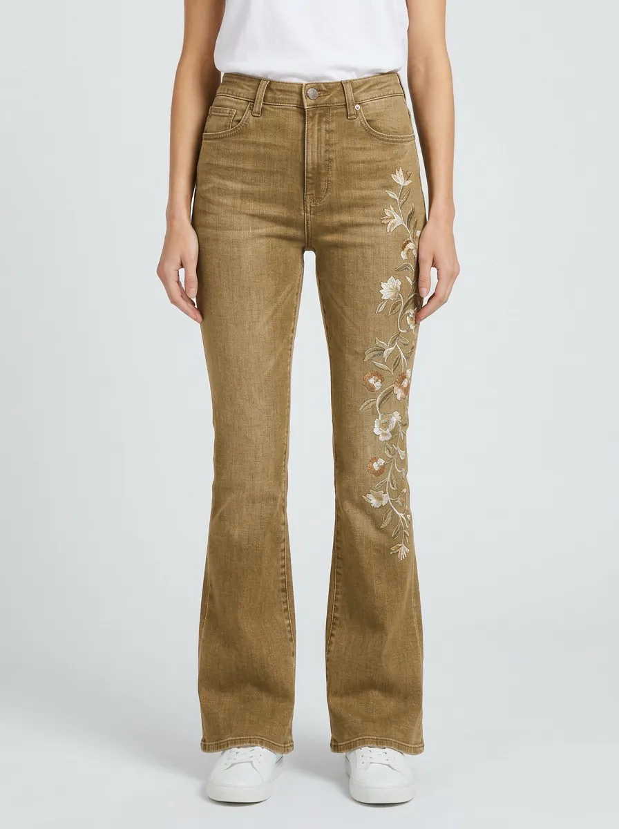 Women's Boho Medium Wash Floral Embroidery High-Rise Flare Jeans