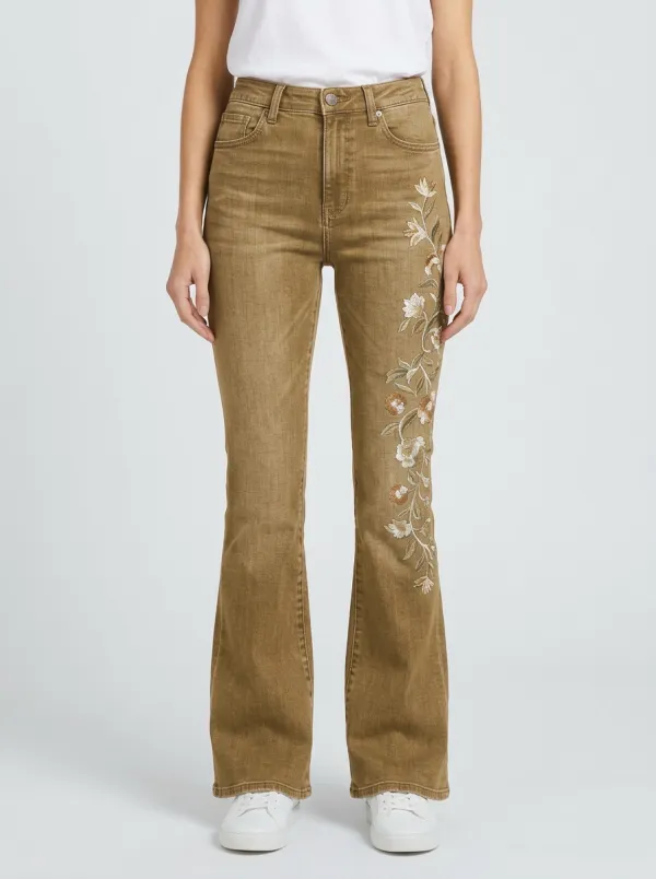 Women's Boho Medium Wash Floral Embroidery High-Rise Flare Jeans