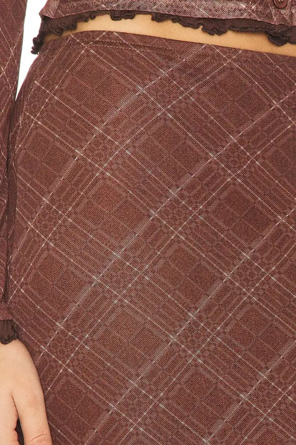 Women's Brown Plaid Knit Mermaid Midi Skirt
