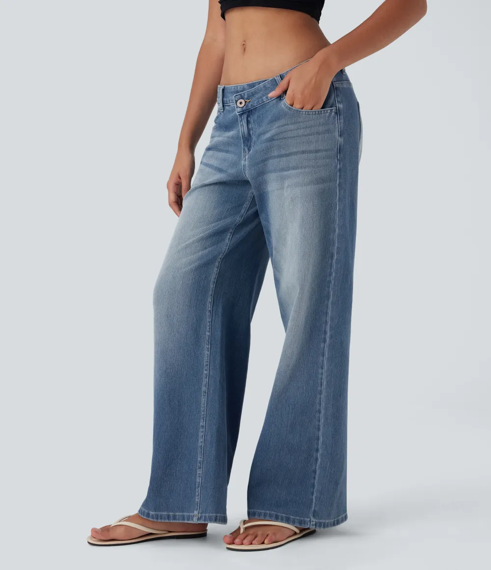 Asymmetric Low Rise Zipper Pockets Baggy Wide Leg Washed Casual Jeans