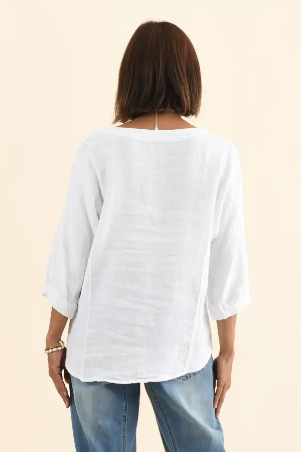 Contrast Trim Linen Cotton Blend V-Neck Top
