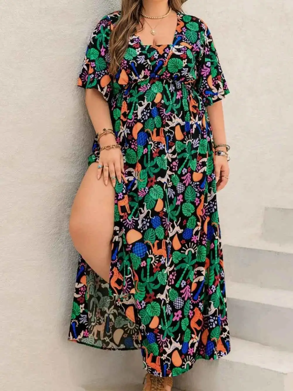 Plus Size Printed Maxi Split Dress