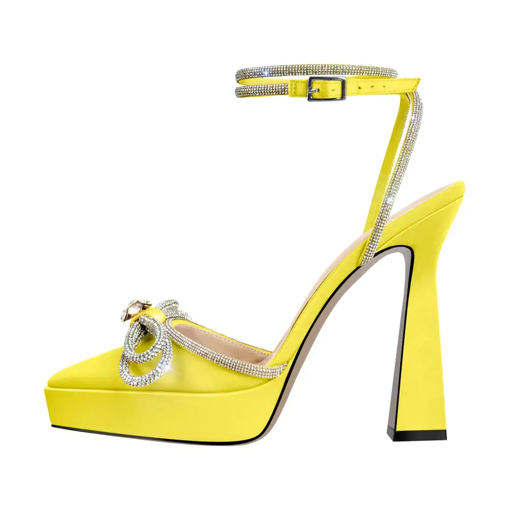 Rhinestone Pointed Toe Low Platform Chunky Heel Pumps