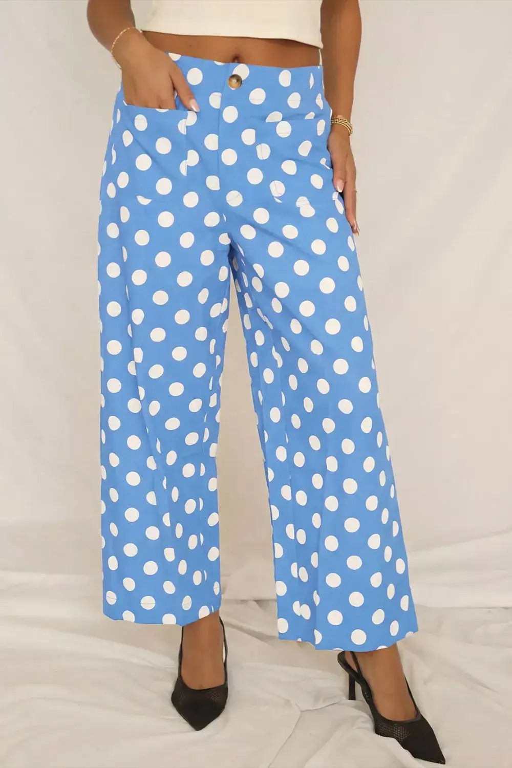 Polka Dot Print Patched Pocket Mid Rise Straight Leg Pants