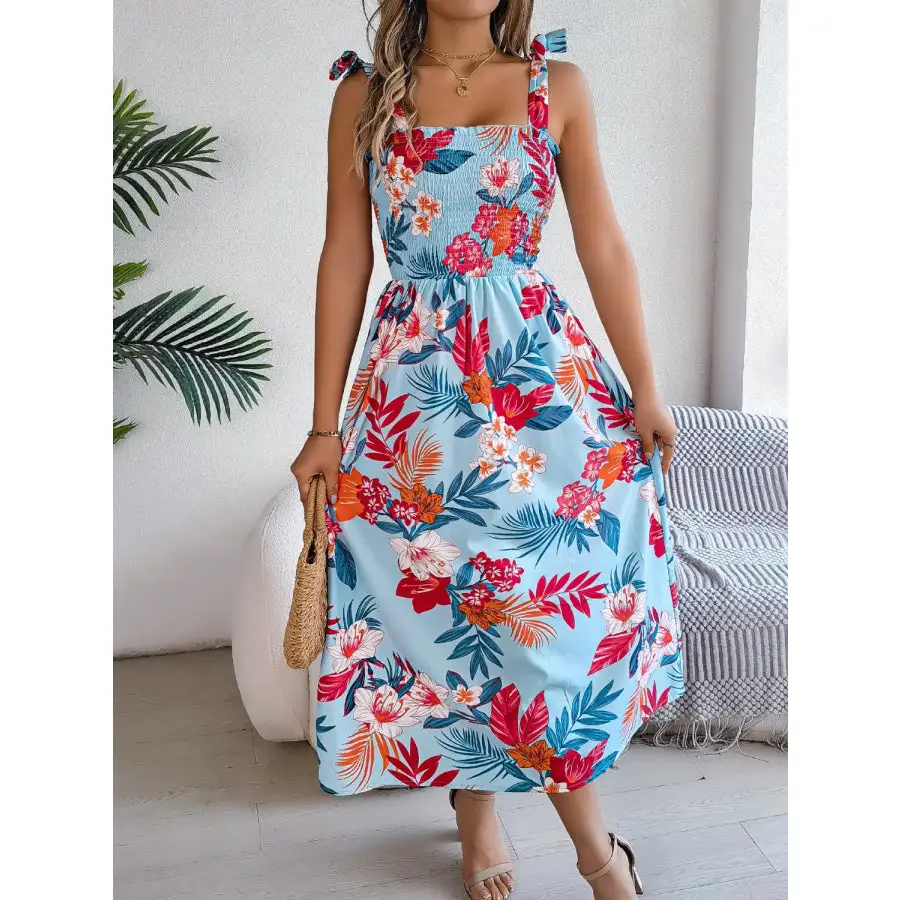 Smocked Tie Shoulder Midi Dress