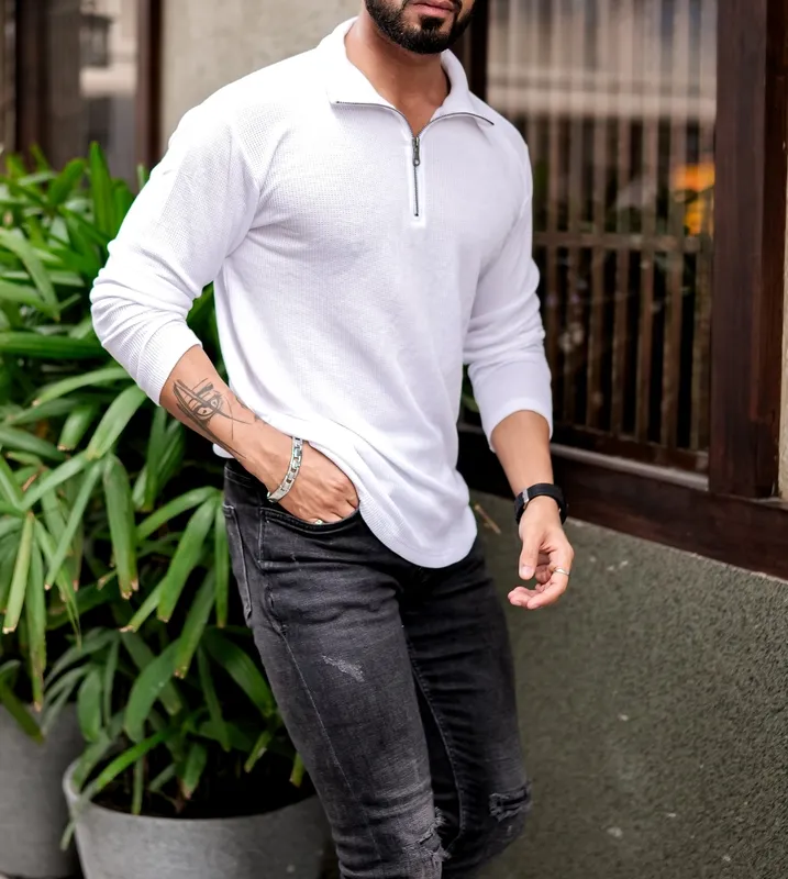 White Slim-Fit V-Neck Casual Button Shirt