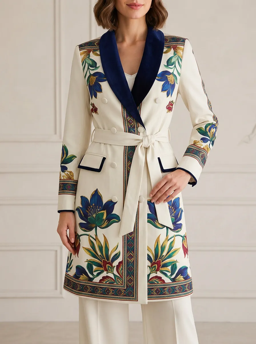 Women's Floral Pattern Velvet Lapel Printed Trench Coat