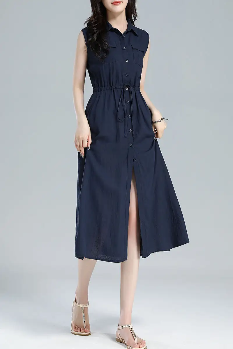 Linen Shirt Sleeveless Midi Dress