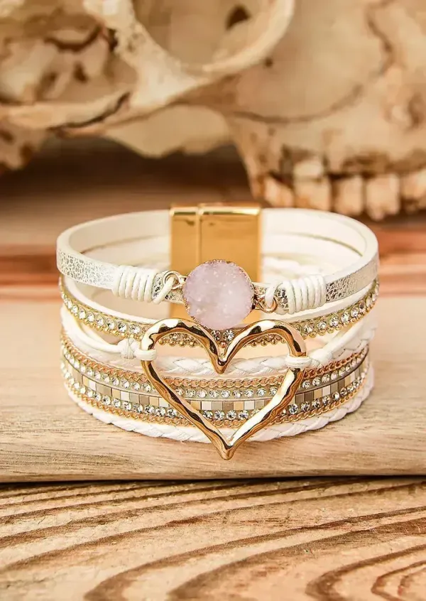 Heart Rhinestone Leather Bracelet
