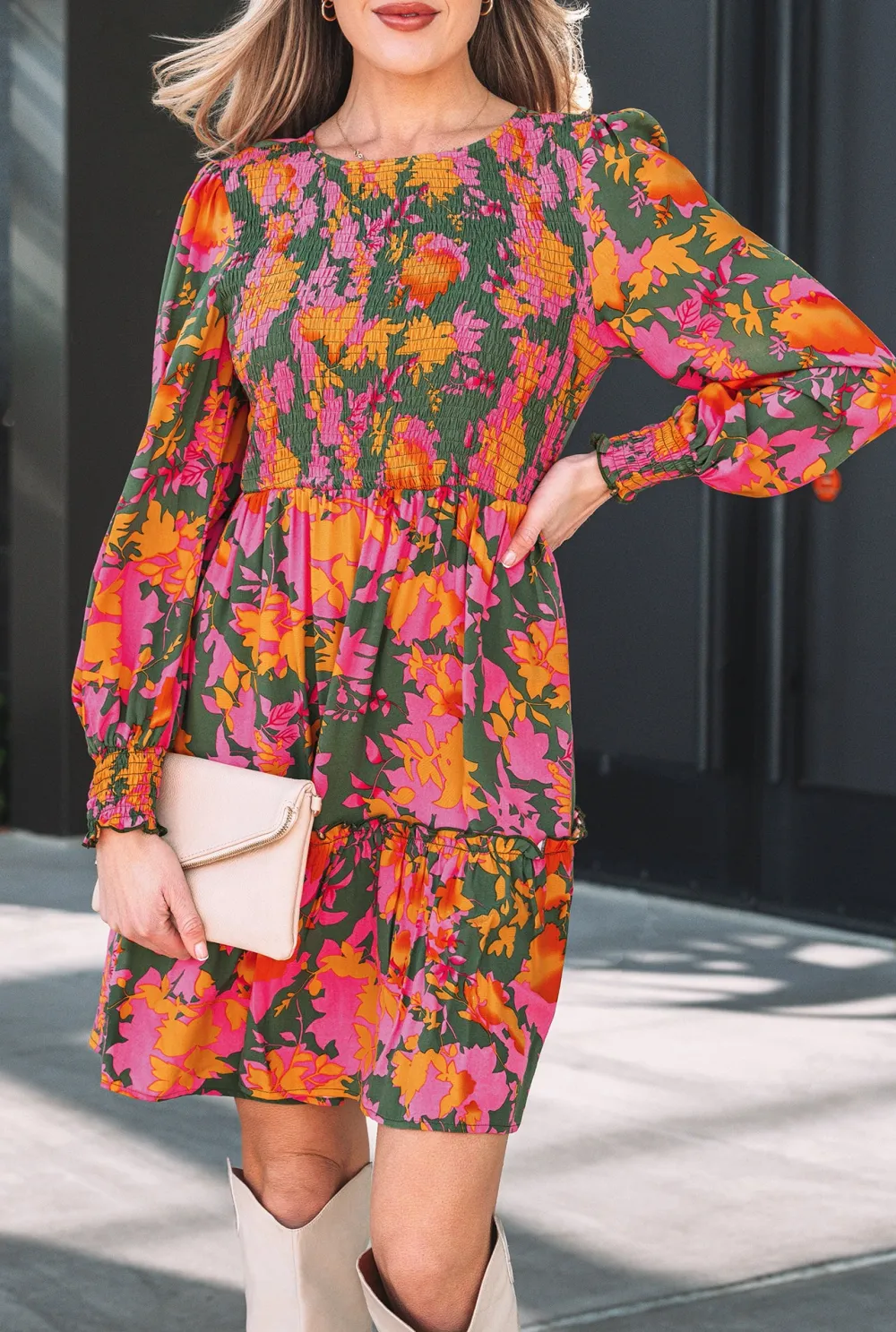 Women's Floral Print Long Sleeve Ruffled Mini Dress