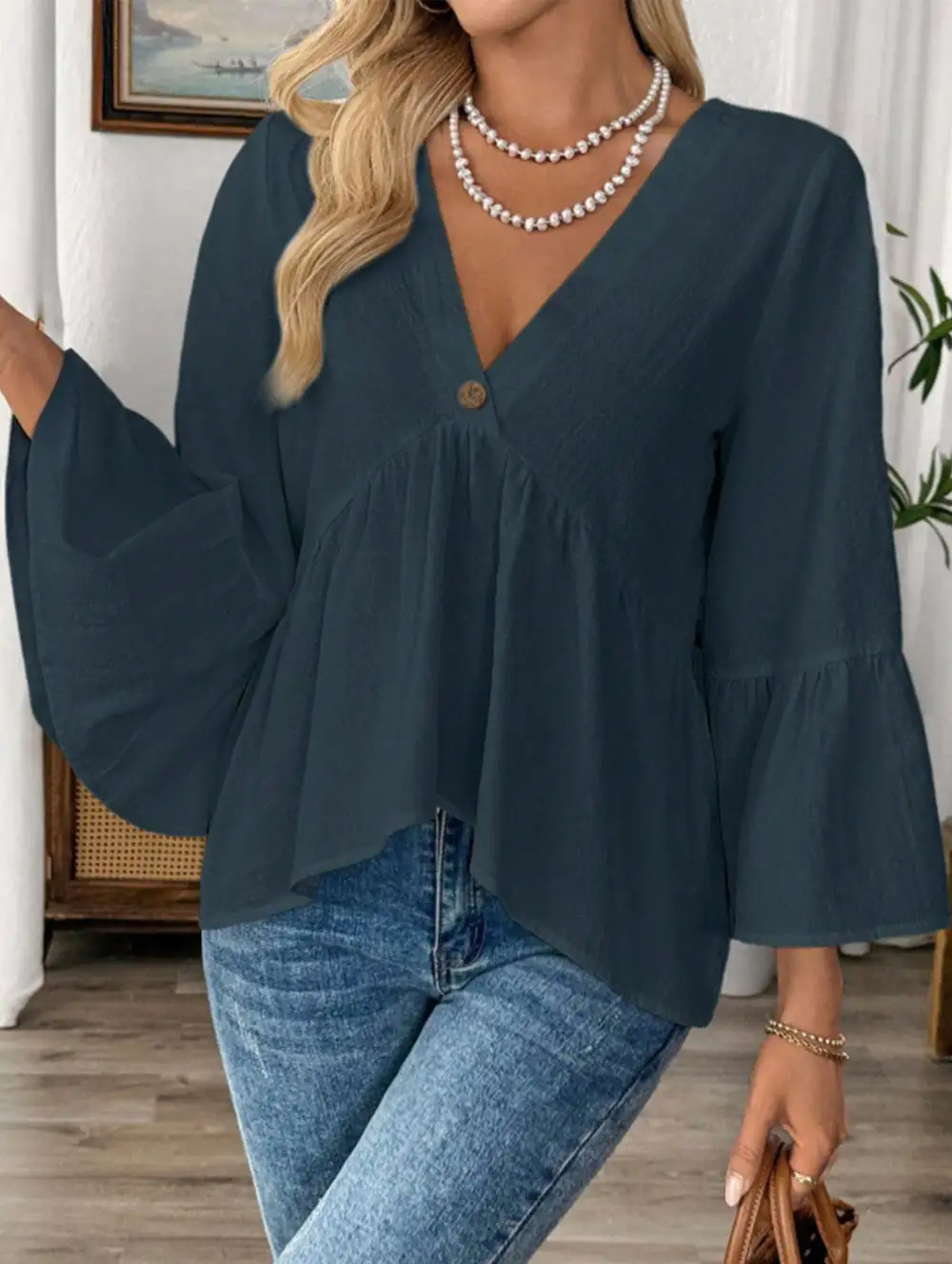 V-Neck Ruffle Sleeve Cotton Top