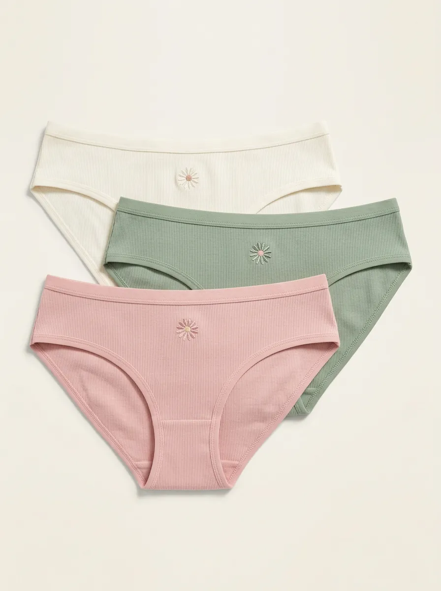 Women's Ribbed Daisy Embroidered Bikini Brief Set