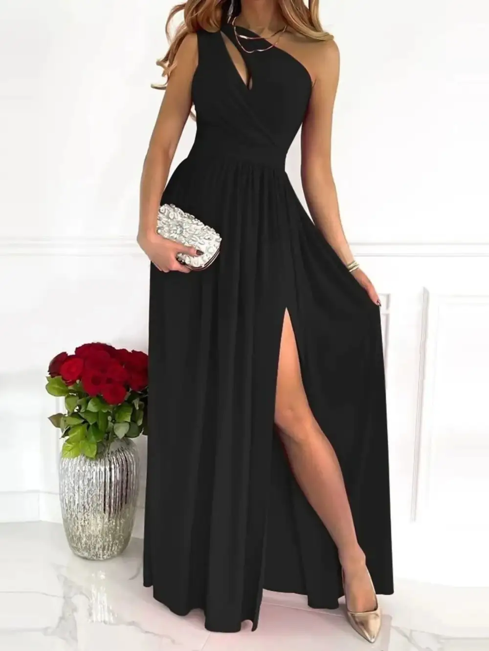 Split Single Shoulder Printed Maxi Dress