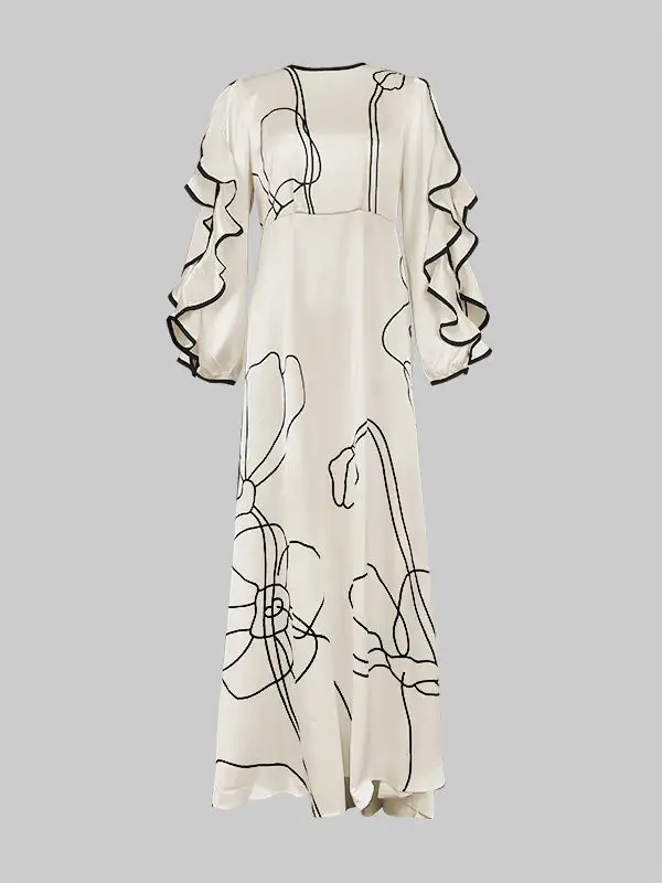 Women's Loose Fit Printed Ruffled Zipper Maxi Dress