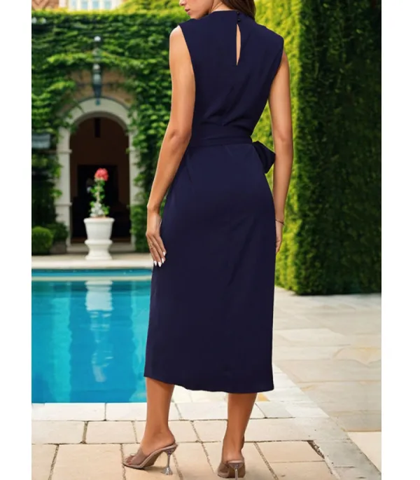 Twisted Slit Cowl Neck Sleeveless Midi Dress