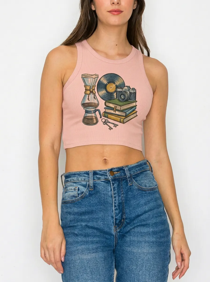 Women's Coffee Vinyl Camera Book Graphic Ribbed Crop Tank Top