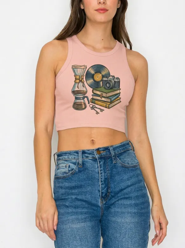 Women's Coffee Vinyl Camera Book Graphic Ribbed Crop Tank Top