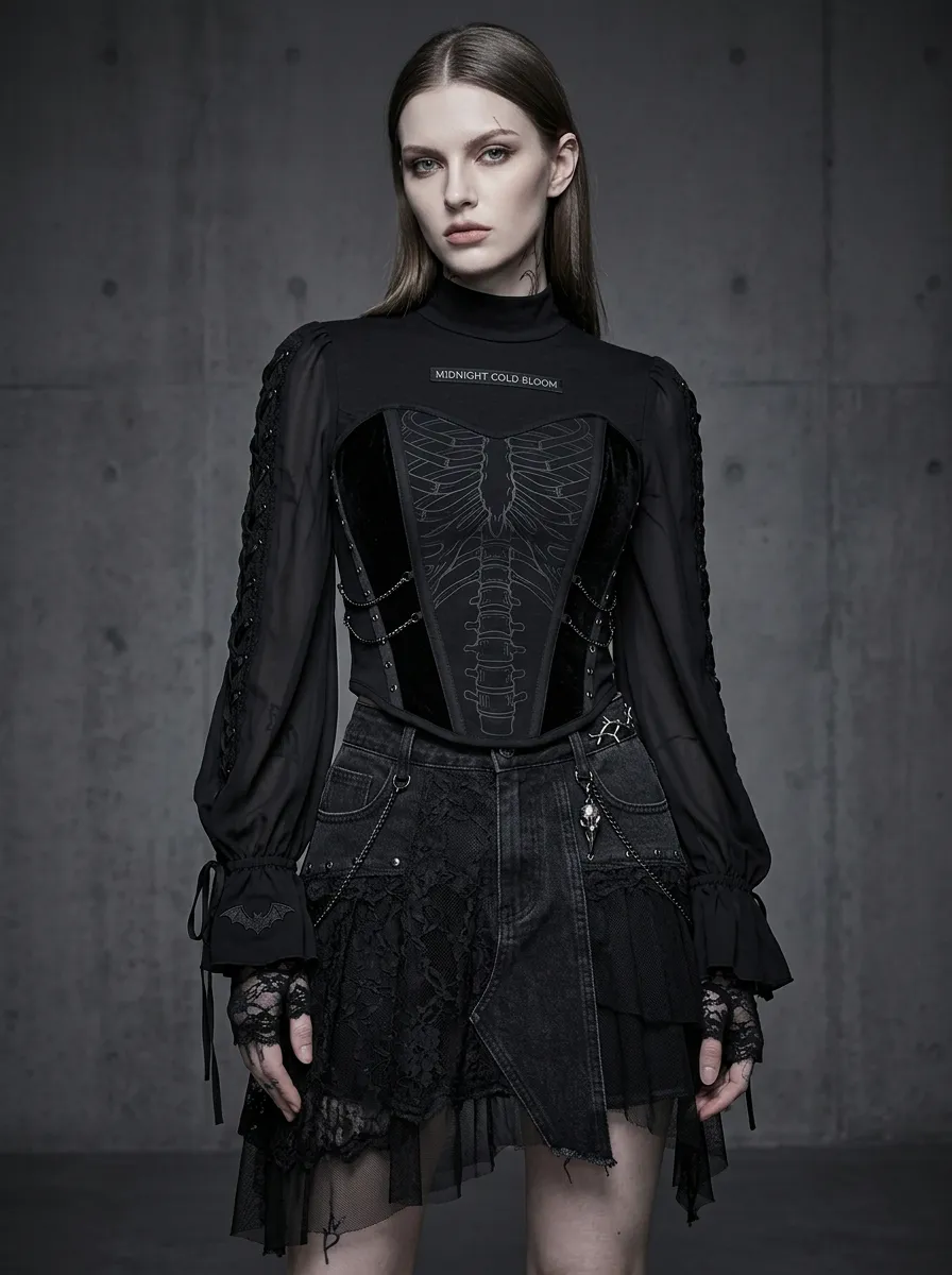 Women's Gothic Skeleton Ribcage Printed Long Sleeve Top