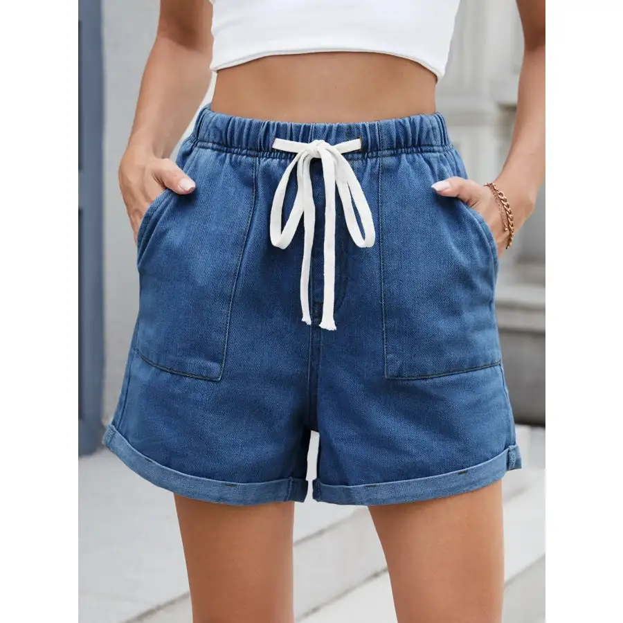 Casual Drawstring Pocketed Denim Shorts
