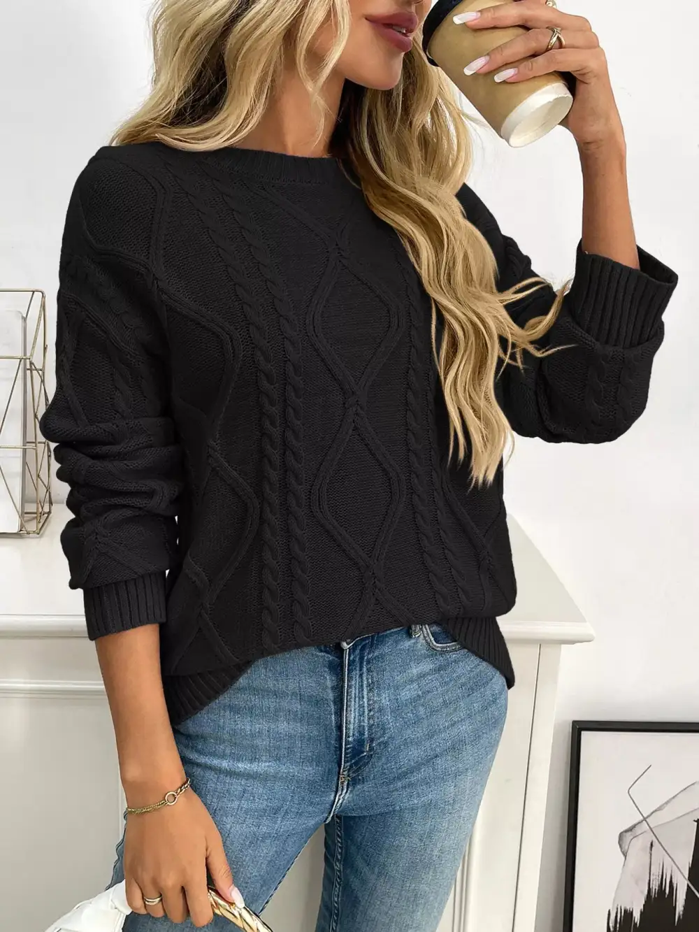 Long Sleeve Round Neck Cable Knit Sweater