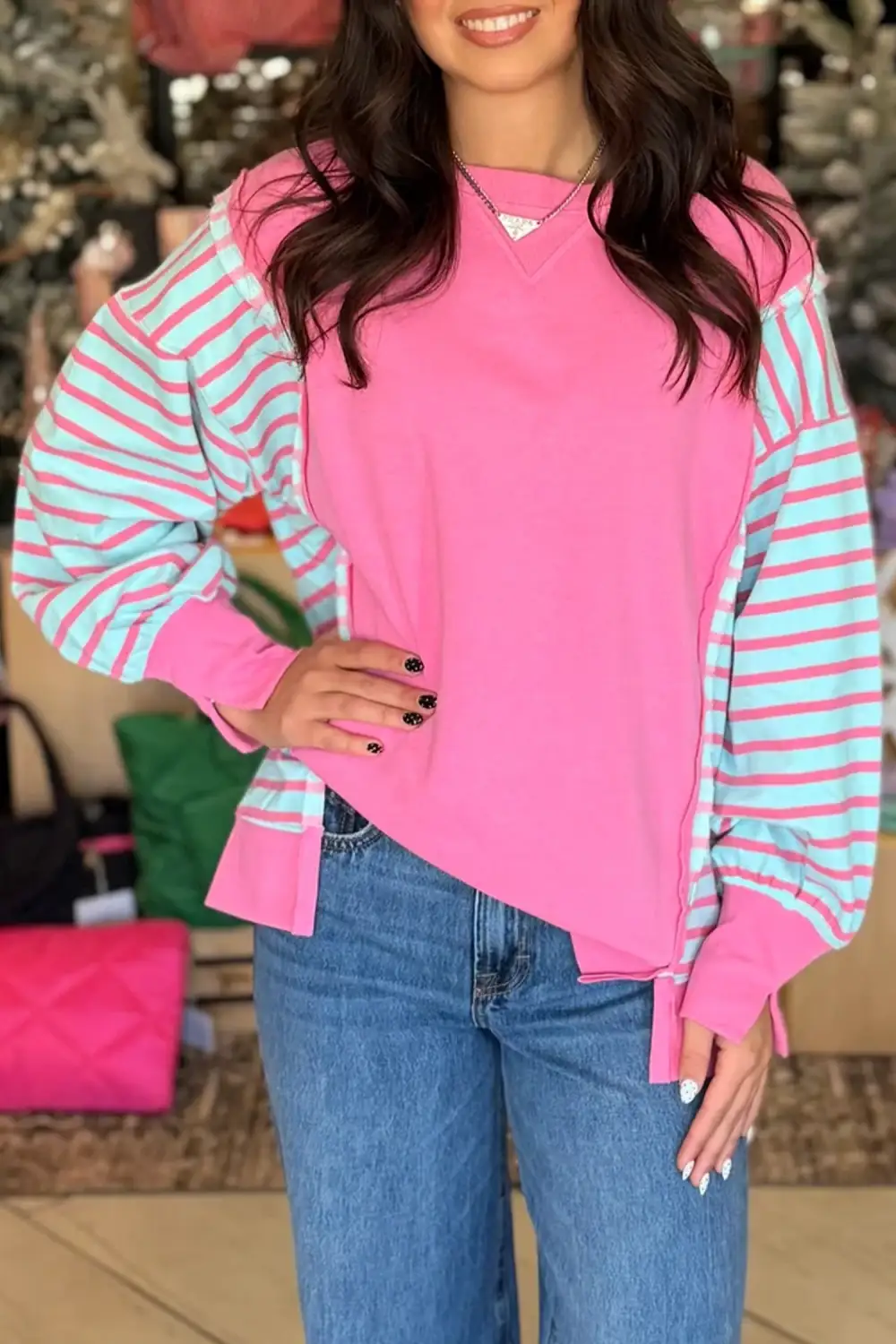 Striped Round Neck Split Hem Relaxed Long Sleeve Top