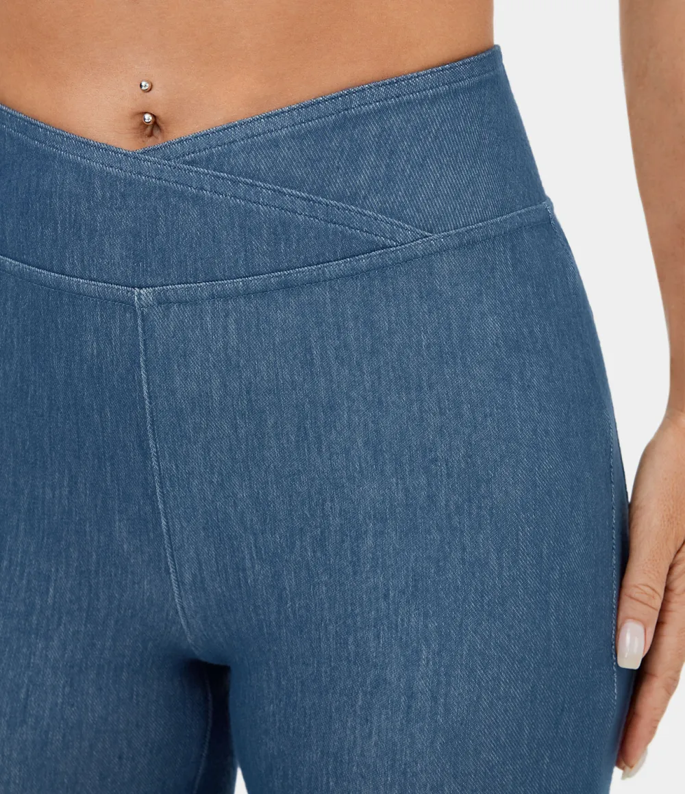 Magic High Waisted Crossover Back Pocket Stretchy Knit Casual Flare Jeans
