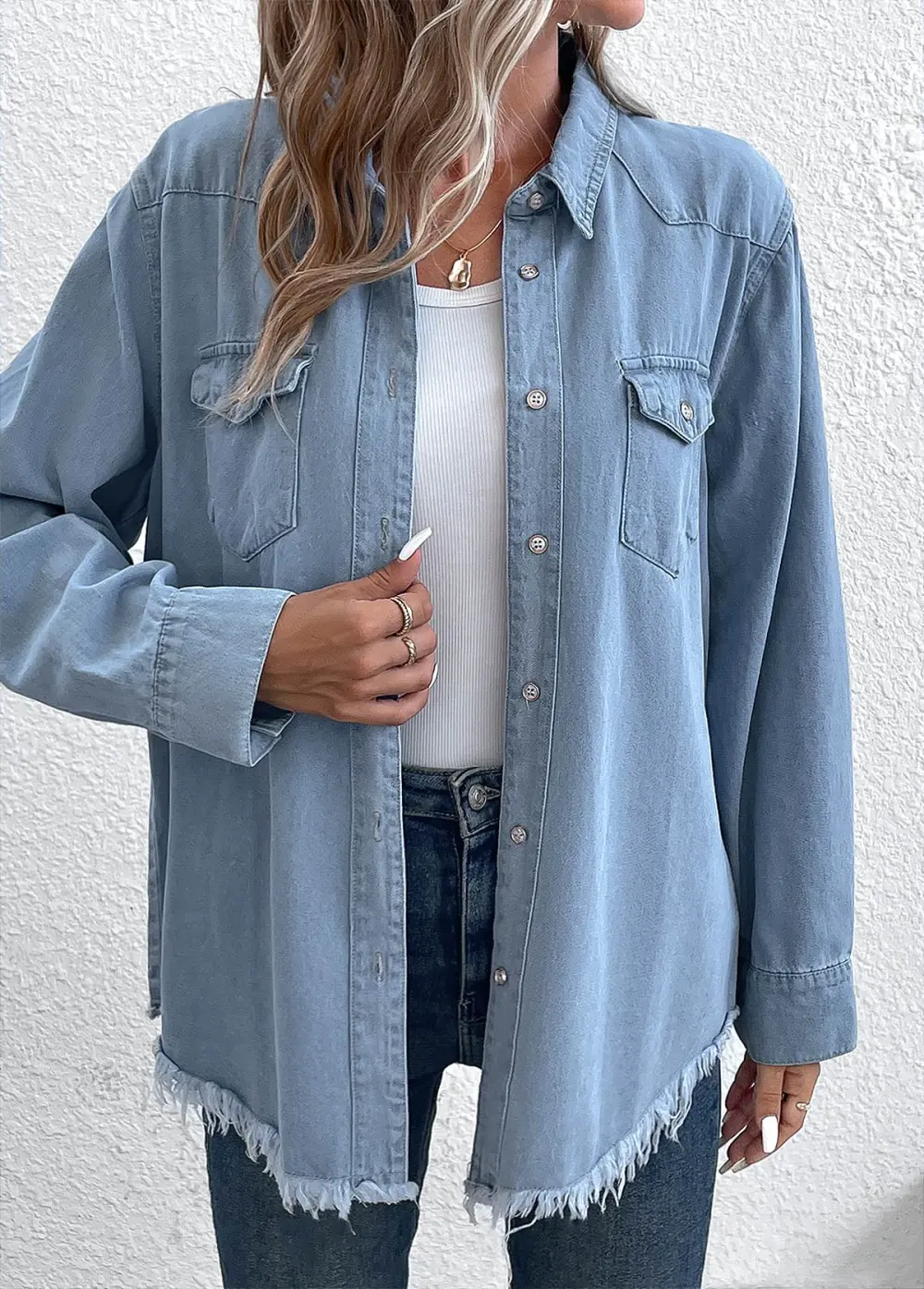 Denim Blue Pocket Long Sleeve Shirt Collar Coat