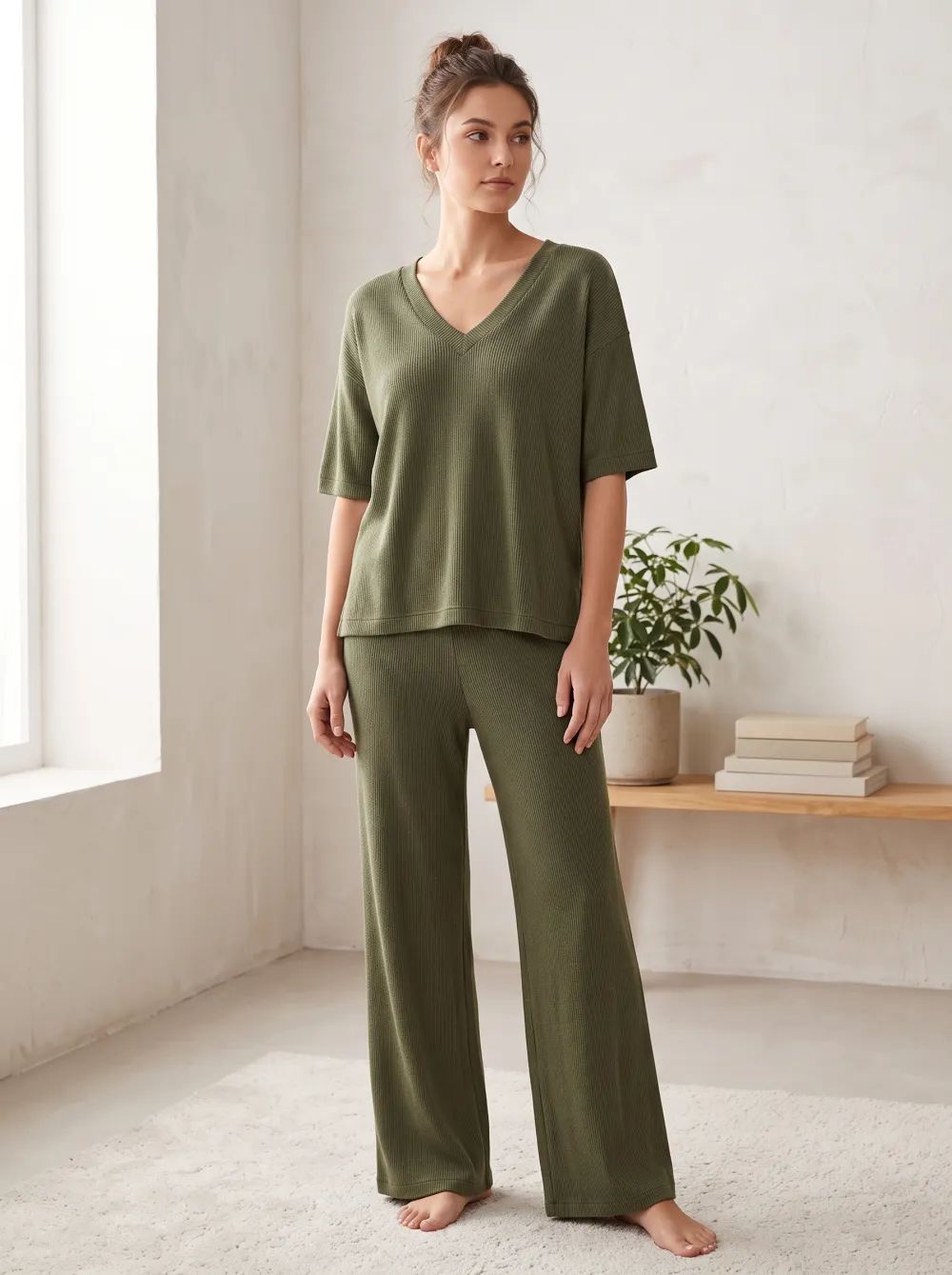 Button Detail V Neck Set