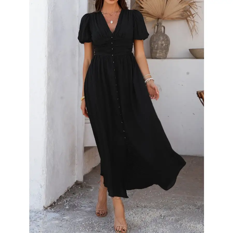 V-Neck Puff Short Sleeve Midi Dress